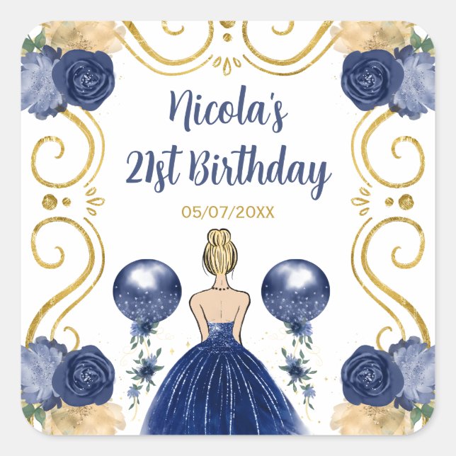 Birthday Party Blonde Princess in Navy Blue Square Sticker (Front)