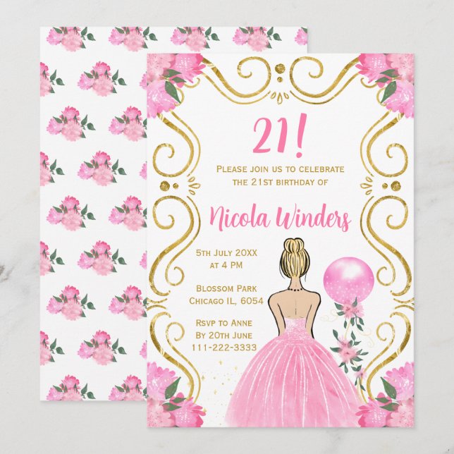 Birthday Party Blonde Princess in Pink Invitation (Front/Back)