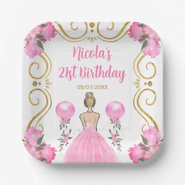 Birthday Party Blonde Princess in Pink Paper Plate (Front)