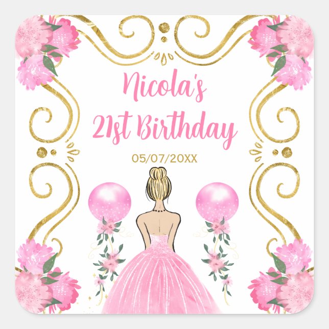 Birthday Party Blonde Princess in Pink Square Sticker (Front)