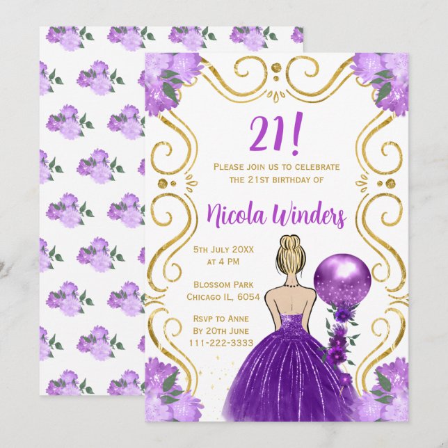 Birthday Party Blonde Princess in Purple Invitation (Front/Back)