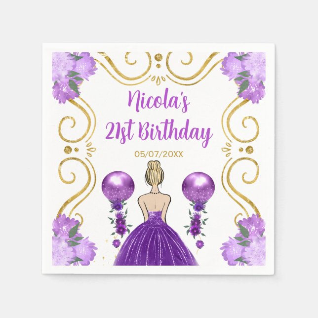 Birthday Party Blonde Princess in Purple Napkin (Front)