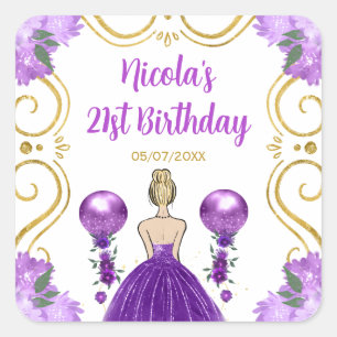 Birthday Party Blonde Princess in Purple Square Sticker