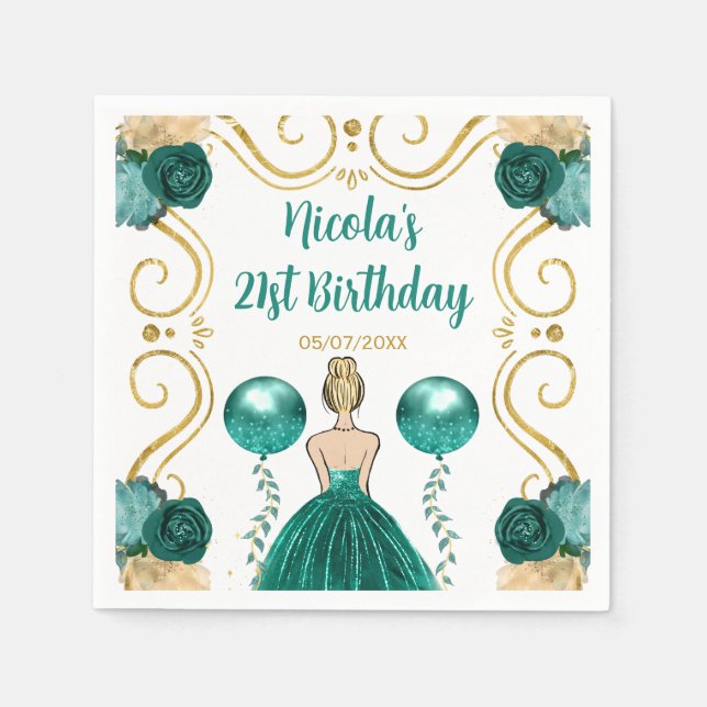 Birthday Party Blonde Princess in Teal Napkin (Front)