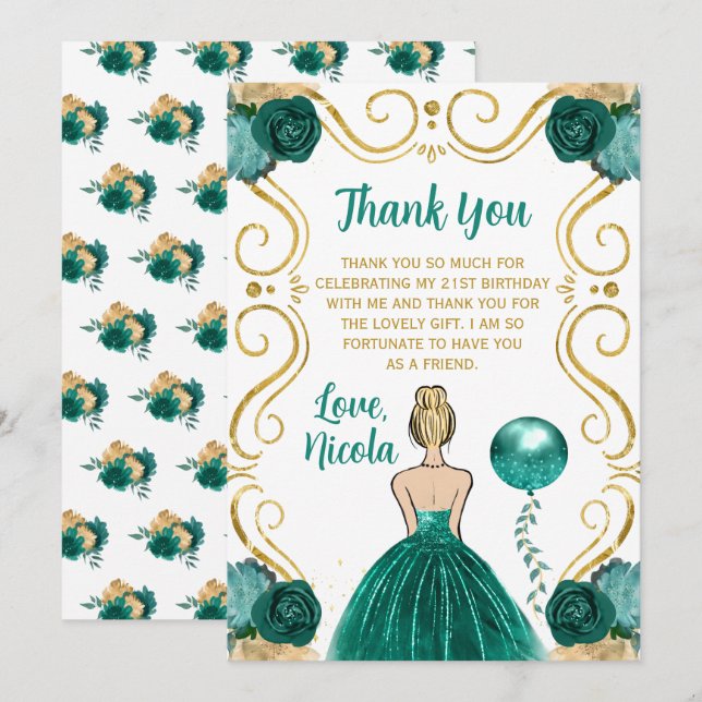 Birthday Party Blonde Princess in Teal Thank You Card (Front/Back)