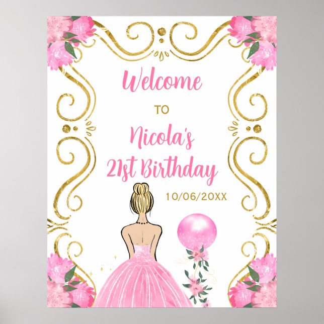 Birthday Party Blonde Princess Pink Welcome Poster (Front)