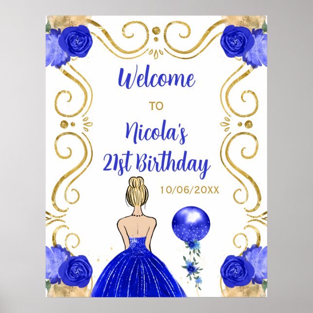 Birthday Party Blonde Princess Royal Blue Welcome Poster (Front)