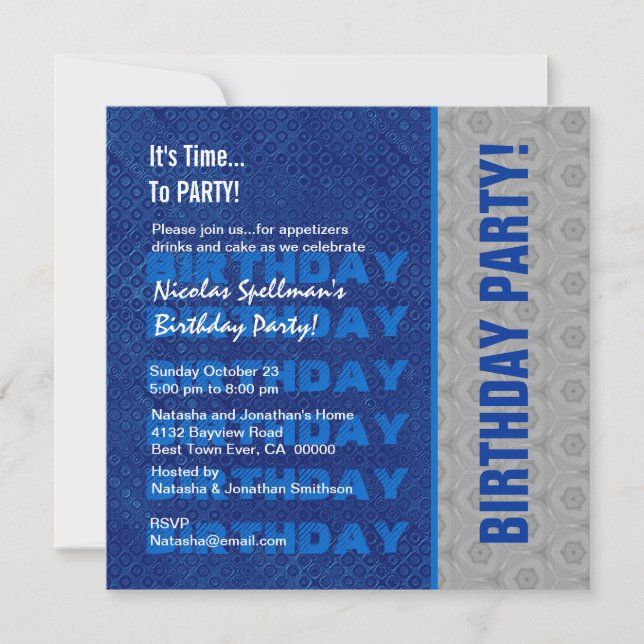 Birthday Party Blue and Silver Recycled No Year Invitation (Front)