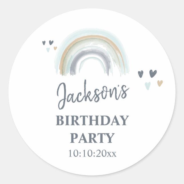 Birthday Party Blue Boho Rainbow  Classic Round St Classic Round Sticker (Front)
