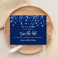 Birthday party blue budget save the date card