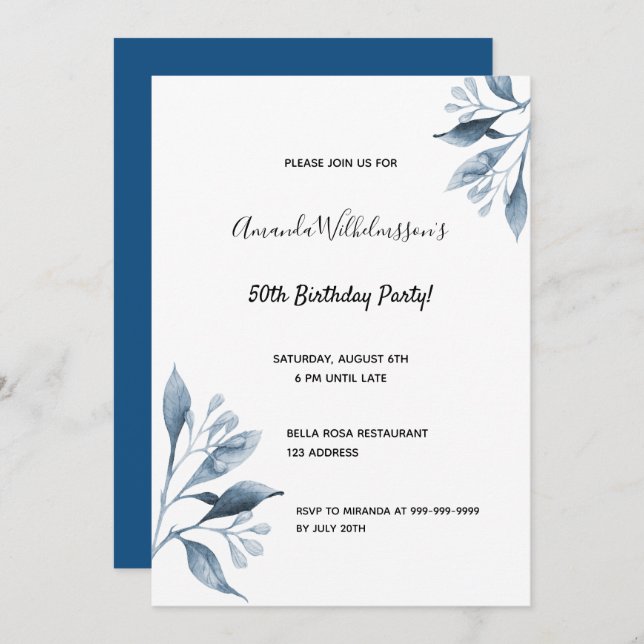 Birthday party blue florals botanical chic invitation (Front/Back)