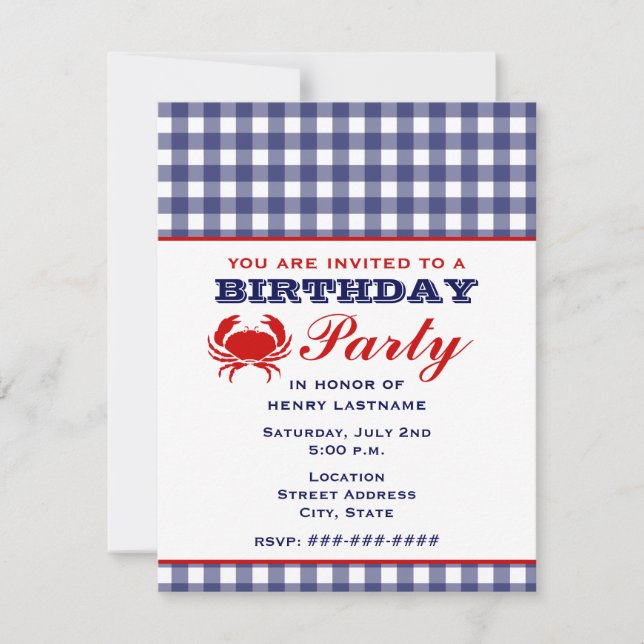Birthday Party Blue Gingham & Crab Invitation (Front)