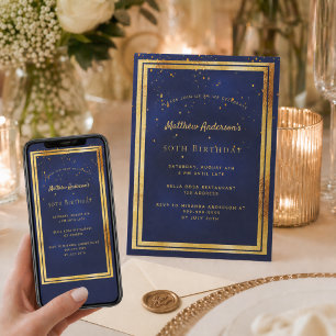 Birthday party blue gold confetti sprinkle invitation