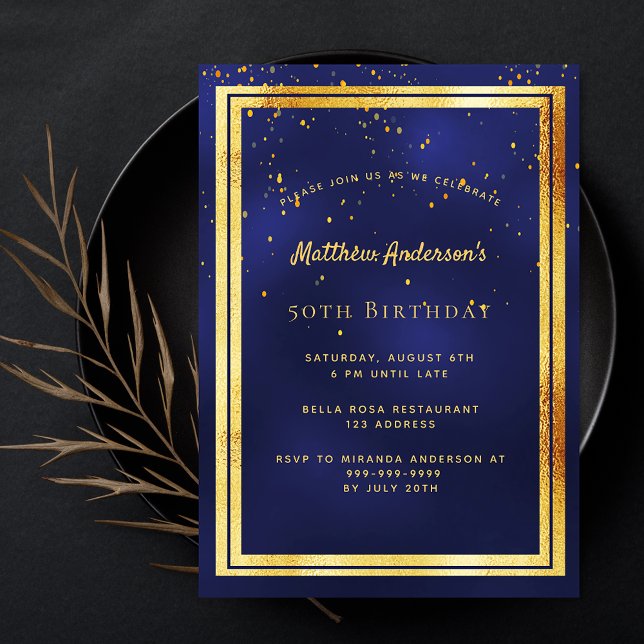Birthday party blue gold confetti sprinkle invitation (Creator Uploaded)