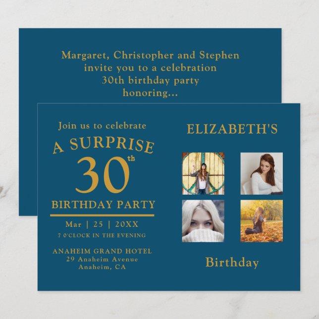 Birthday Party Blue Gold Photo Collage Invitation (Front/Back)