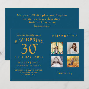 Birthday Party Blue Gold Photo Collage Invitation
