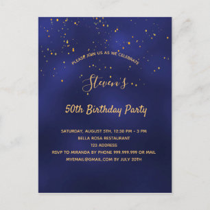 Birthday party blue gold simple invitation postcard