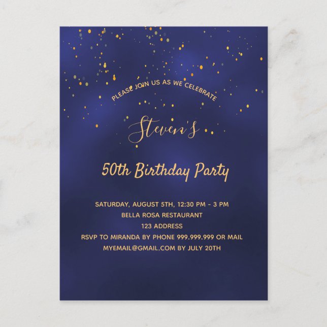 Birthday party blue gold simple invitation postcard (Front)