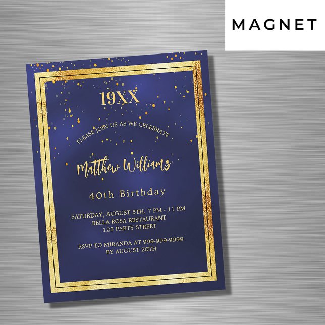 Birthday party blue gold year birth luxury magnetic invitation (Creator Uploaded)