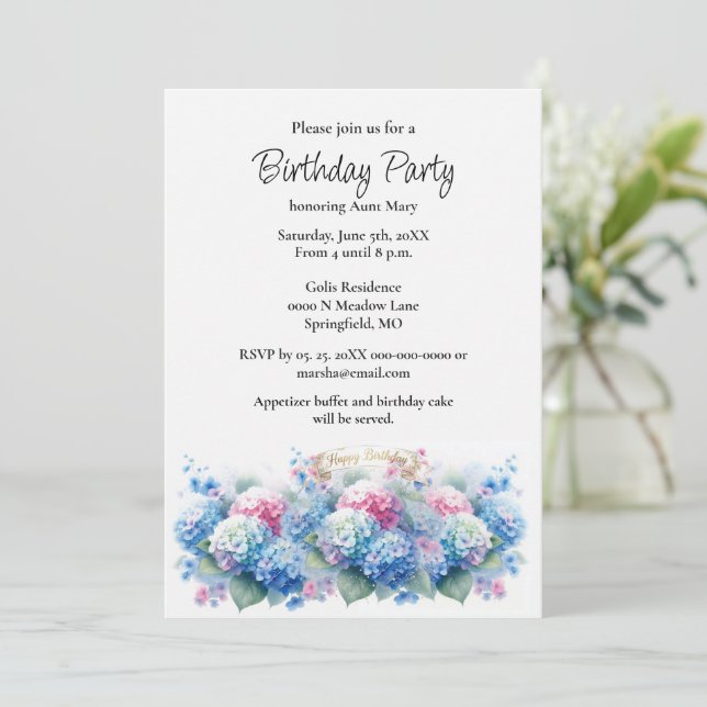 Birthday Party Blue Hydrangea Flower Invitation (Standing Front)