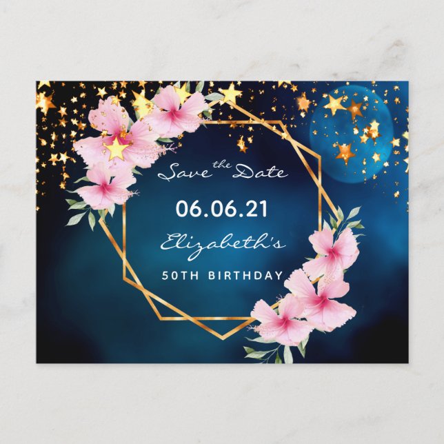 Birthday party blue moon pink floral Save the Date Postcard (Front)