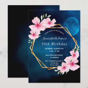 Birthday party blue moon pink florals geometric  invitation