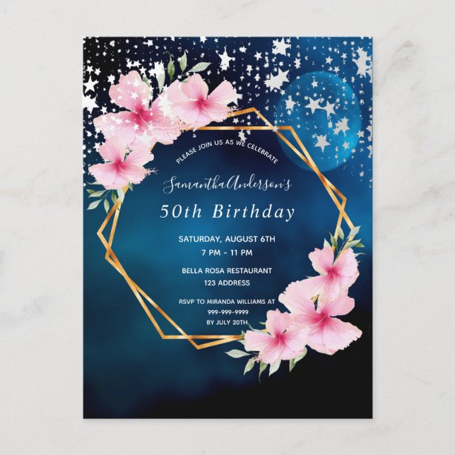 Birthday party blue pink florals invitation postcard (Front)