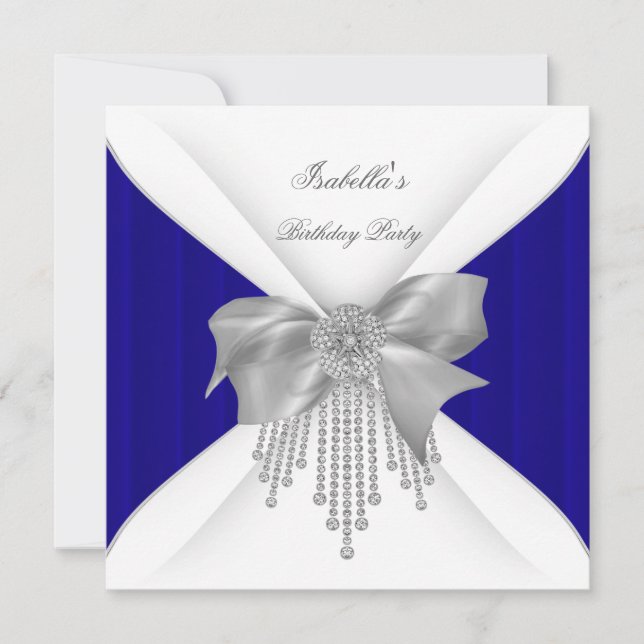 Birthday Party Blue Royal Silver White Diamond Bow Invitation (Front)