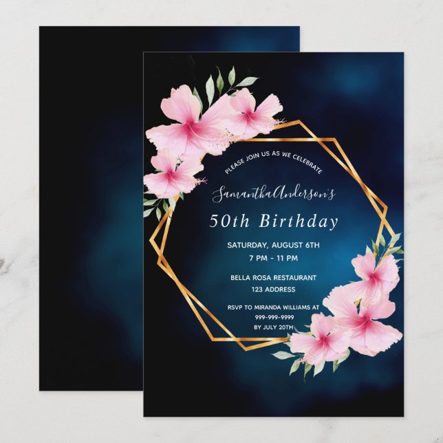 Birthday party blue sky pink flowers invitation (Front/Back)