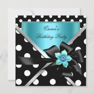 Birthday Party Blue Teal Black Polka Dots Invitation