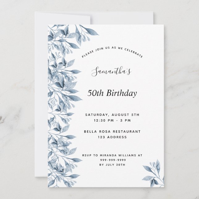 Birthday party blue white botanical floral modern invitation (Front)