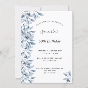 Birthday party blue white botanical floral modern invitation