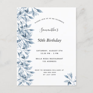 Birthday party blue white botanical floral modern invitation postcard