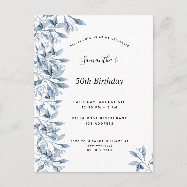 Birthday party blue white botanical floral modern invitation postcard (Front)