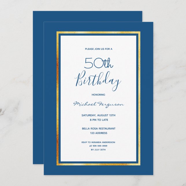 Birthday party blue white gold minimalist invitation (Front/Back)