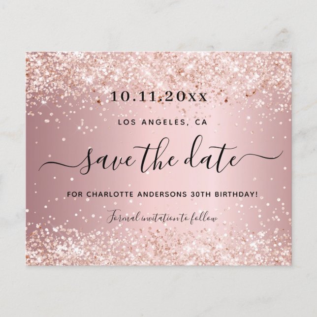 Birthday party blush pink budget save the date flyer (Front)
