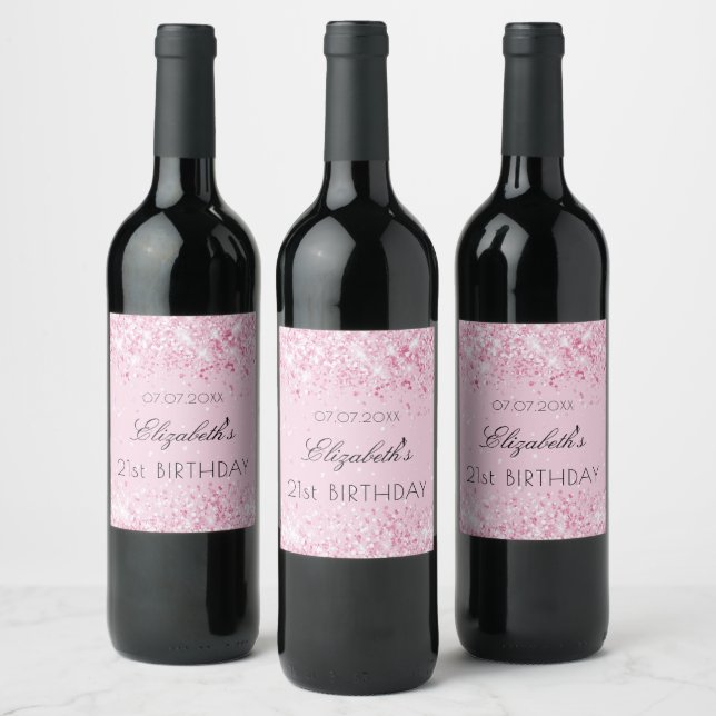 Birthday party blush pink confetti name wine label (Bottles)