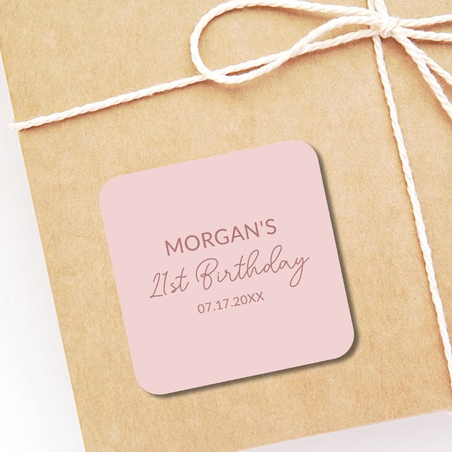 Birthday Party Blush Pink Cute Name Square Sticker (Creator Uploaded)