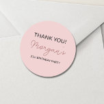 Birthday Party Blush Pink Cute Thank You Classic Round Sticker<br><div class="desc">Add a charming touch to your party favours with our Birthday Party Blush Pink Cute Thank You Classic Round Sticker. Featuring a delightful blush pink background and a playful script font, these stickers are perfect for expressing gratitude to your guests. Use them to seal envelopes, decorate gift bags, or add...</div>