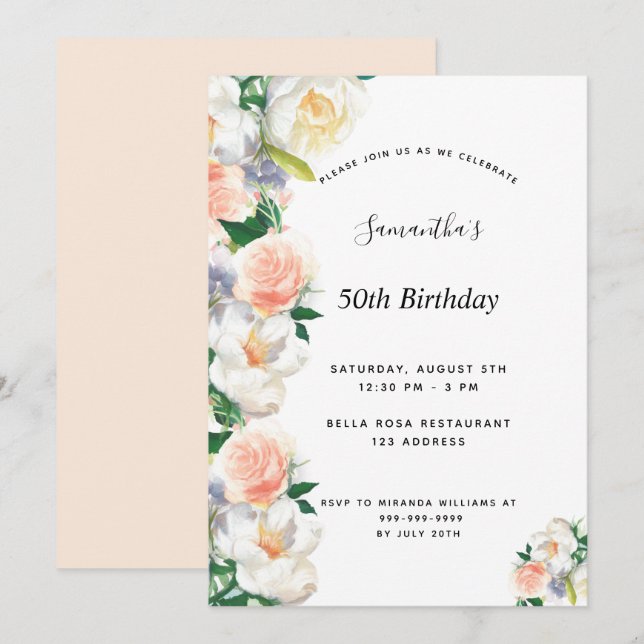 Birthday party blush pink florals white invitation (Front/Back)