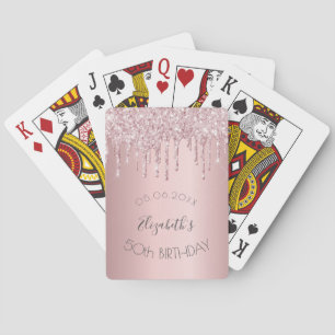Birthday party blush pink glitter drips monogram playing cards