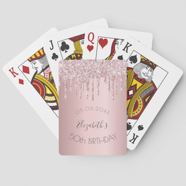 Birthday party blush pink glitter drips monogram playing cards (Back)