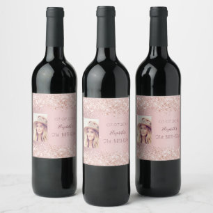 Birthday party blush pink glitter photo wine label