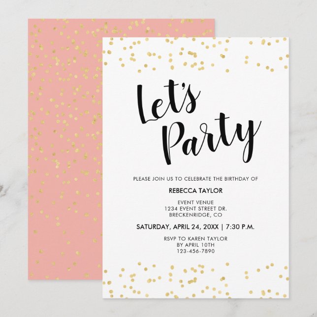 Birthday Party Blush Pink Gold Faux Foil Dots Invitation (Front/Back)