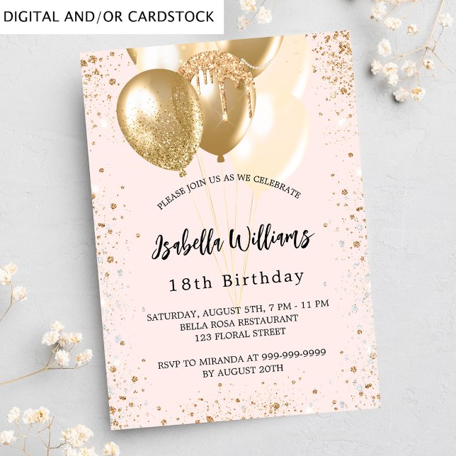 Birthday party blush pink gold glitter balloons invitation (Creator Uploaded)