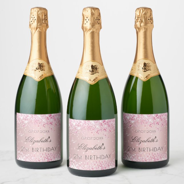 Birthday party blush pink name sparkling wine label (Bottles)