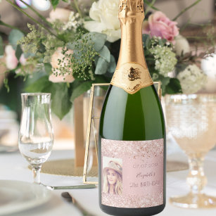 Birthday party blush pink rose glitter dust photo sparkling wine label