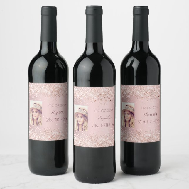 Birthday party blush pink rose glitter dust photo wine label (Bottles)