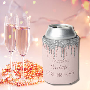 Birthday party blush pink rose gold glitter silver can cooler