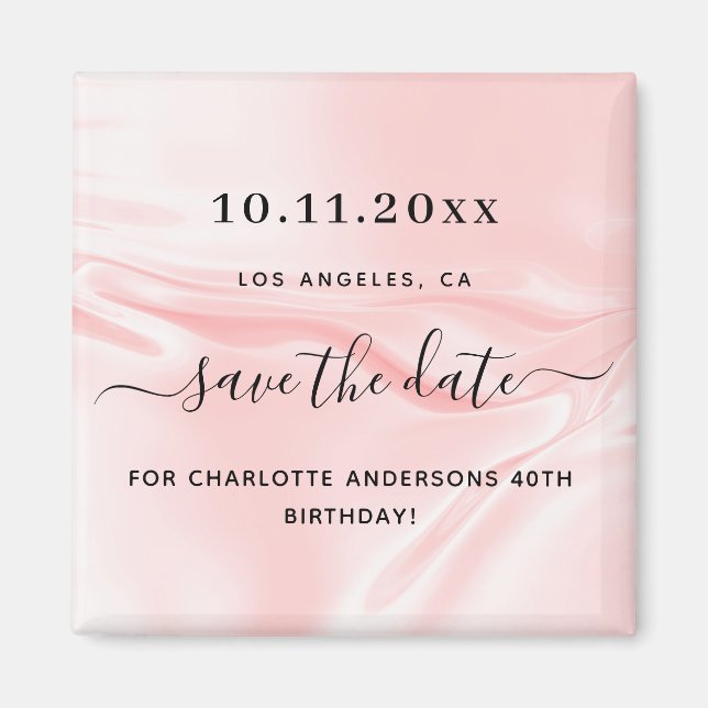Birthday party blush pink silk satin save the date magnet (Front)